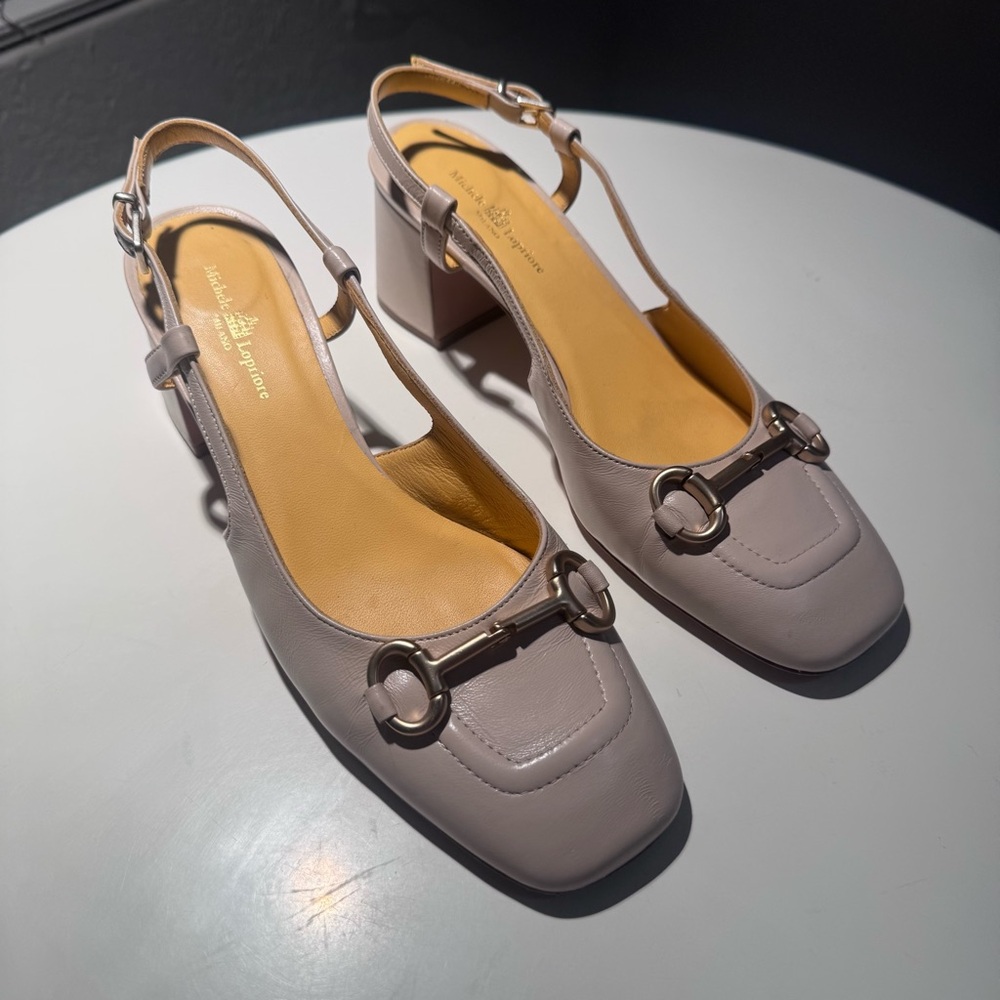 Michele Lopriori Zahra Beige Leather Horsebit Slingback block heel